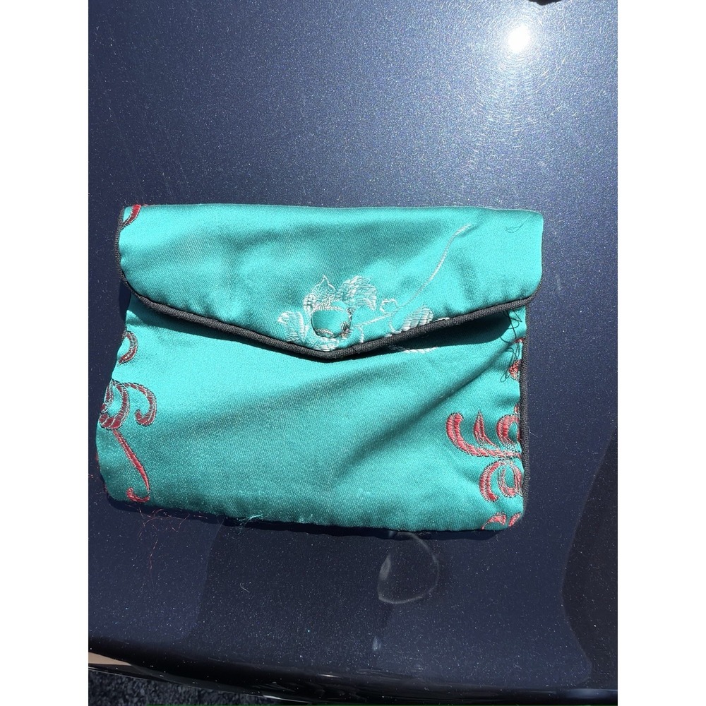 Vintage Brocade Jewelry Pouch Green Red Fabric Coin Purse Small